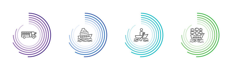 Fototapeta premium transportation icon set with school bus empty, ferry, boating, galleon signs in flat outline style