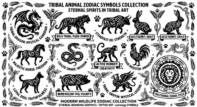Stylized black tribal animal zodiac silhouette vector icon set