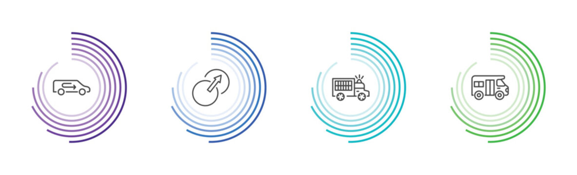 transportation icon set with recirculation, transition, prison bus, school van signs in flat outline style