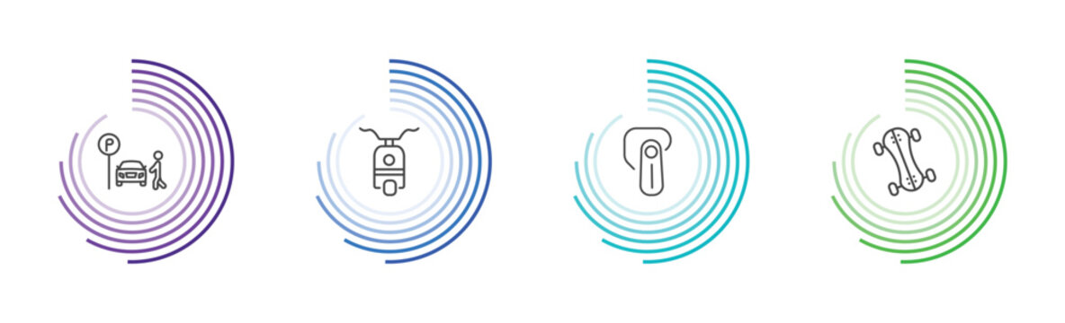 transportation icon set with parking men, scooter bike, hands free device, longboard signs in flat outline style