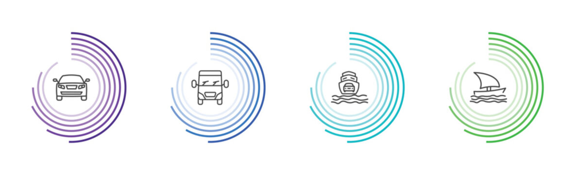 transportation icon set with auto, van front view, ferry carrying cars, sailing boat signs in flat outline style