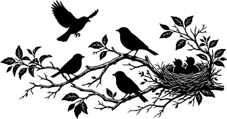 Fototapeta premium Bird silhouettes perched on branches, flying bird, baby birds in nest, nature wildlife scene, black vector illustration, isolated on white background 