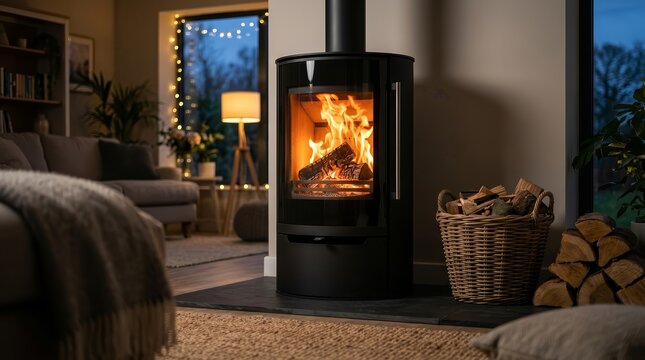 Interior view of a contemporary black stove with burning wood and logs.