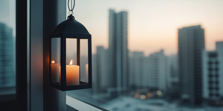 Serene Urban Sunset with Candlelit Lantern Captured Through a Window in Modern Cityscape