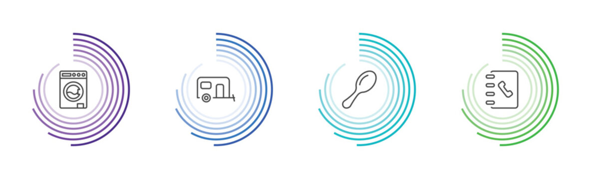 tools and utensils icon set with top load washer, house on wheels, large spoon, telephone agenda signs in flat outline style