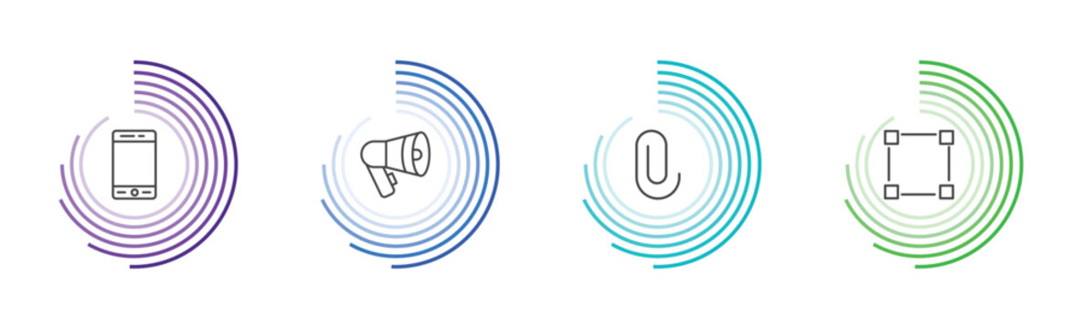 tools and utensils icon set with modern telephone, megaphone side view, attachments, basic square signs in flat outline style