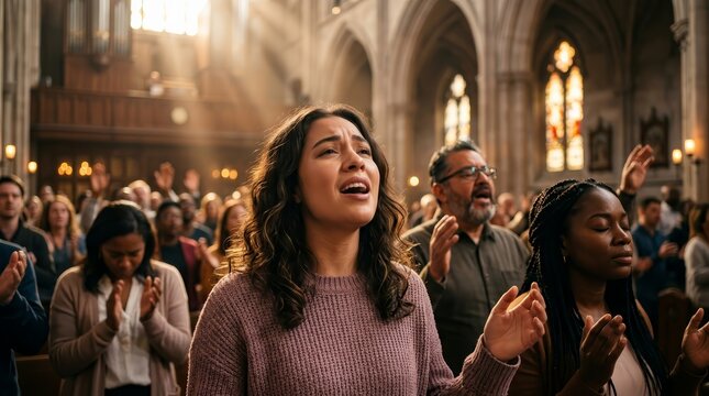 Spiritual practices of Christians during a church service with a choir and beautiful bokeh lighting.