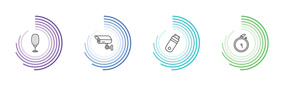 technology icon set with old mic, , stopwatch running signs in flat outline