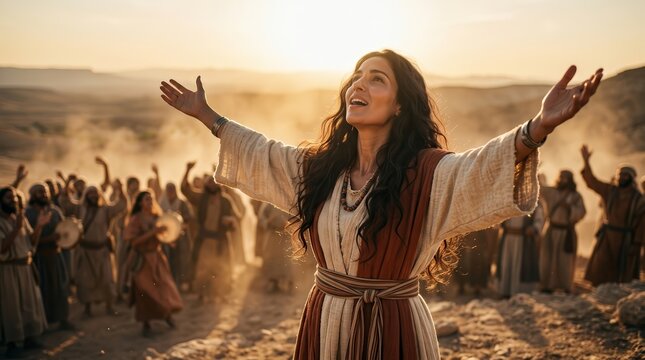 An emotional portrayal of Deborah's song of victory featuring Biblical characters.