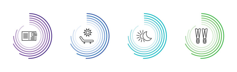 summer icon set with postcard, deck chairs and sun, solstice, flippers signs in flat outline style © Abstract