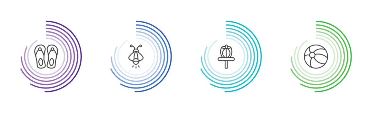 summer icon set with pair of flip flops, firefly, disc golf, beach ball signs in flat outline style