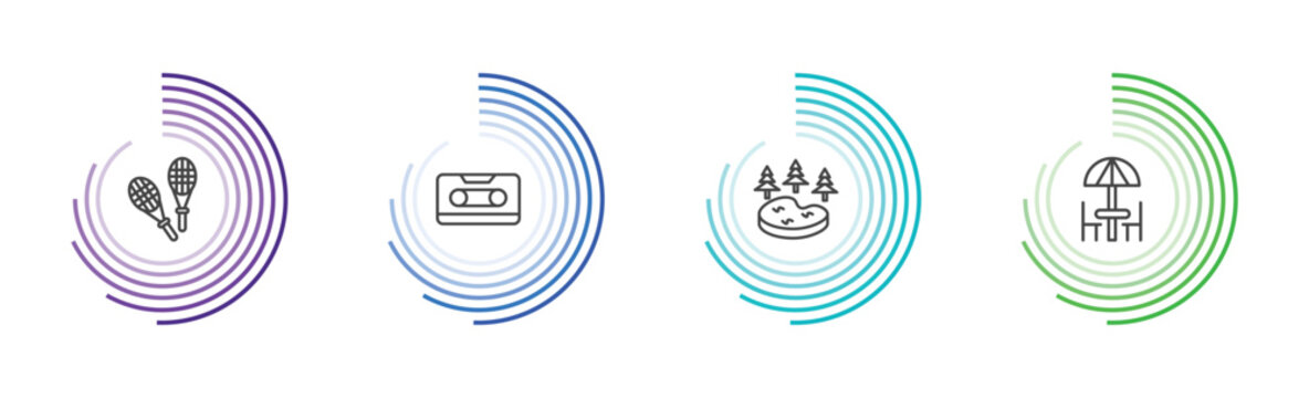 summer icon set with rackets, caste, lake, terrace signs in flat outline style