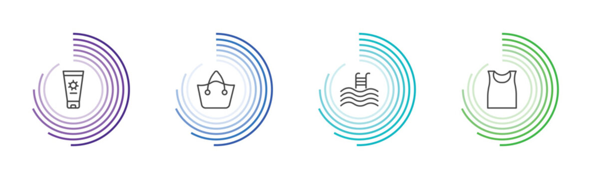 summer icon set with sun cream, beach bag, swimming pool, sleeveless signs in flat outline style