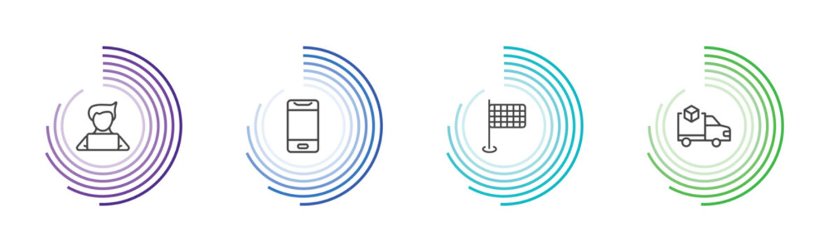 strategy icon set with programmer, smartphone, finish flag, logistics signs in flat outline style