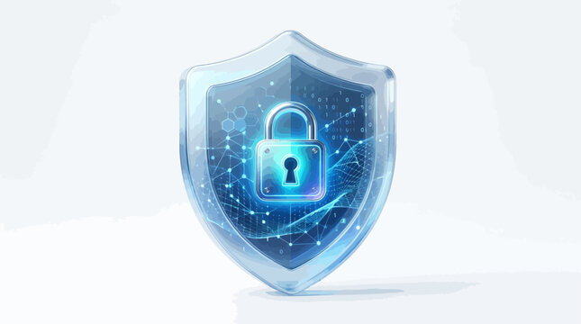 Cyber security shield with glowing blue padlock on white background symbolizing protection and data safety