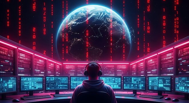 Person wearing headphones sitting in front of multiple computer screens with a globe