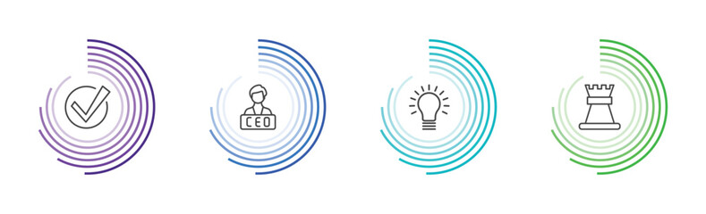 startup and strategy icon set with accept, ceo, idea, rook signs in flat outline style © Abstract