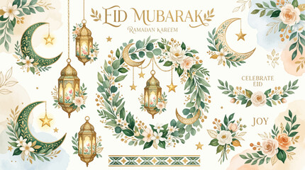 Eid mubarak watercolor design element set featuring floral wreaths hanging golden lanterns crescent moons and decorative botanical accents for islamic holiday celebrations and festive greeting cards © craftsby.ib