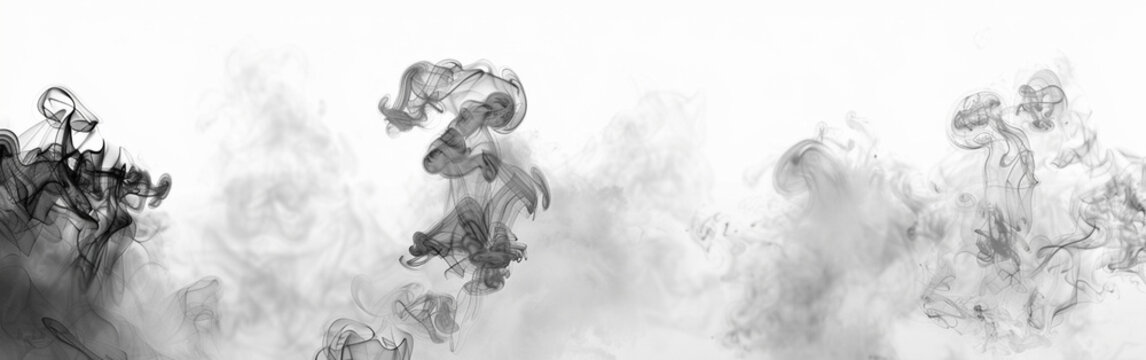 Swirling dark smoke plumes spreading against a stark white background