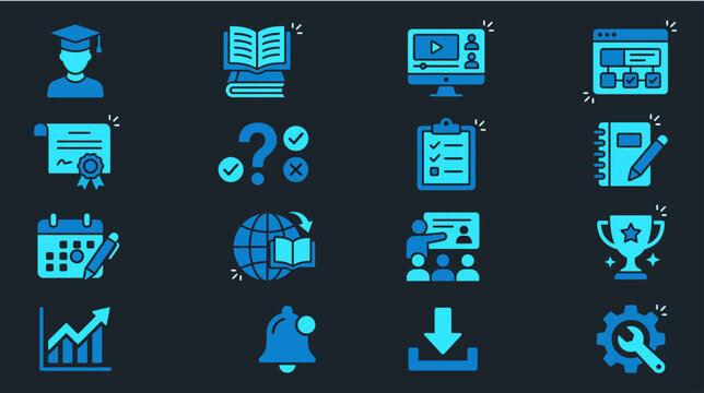 Set of blue education and learning icons featuring graduation symbols online courses school supplies academic achievement and digital knowledge tools for modern e learning platforms and educational