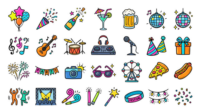 Set of colorful hand drawn party and celebration icons featuring balloons music instruments festive drinks disco balls and food items isolated on a plain white background for creative design projects