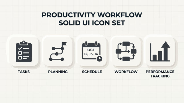 Productivity workflow solid ui icon set featuring tasks checklist planning roadmap calendar schedule process diagram and performance growth tracking bar chart graphics for modern business digital