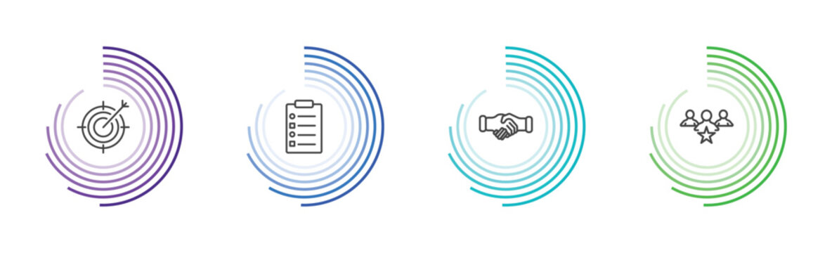 strategy icon set with purpose, procedure, handshake, leader signs in flat outline style