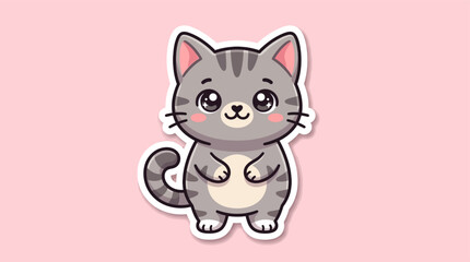 Fototapeta premium Cute gray tabby cat with pink ears and blush cheeks standing on hind legs looking adorable on pastel pink background
