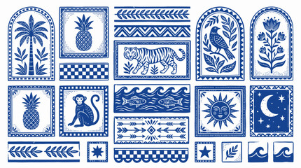 Blue and white tile designs featuring tropical motifs like pineapples palm trees flowers and animals with geometric patterns and sun moon and wave illustrations on a white background perfect © craftsby.ib