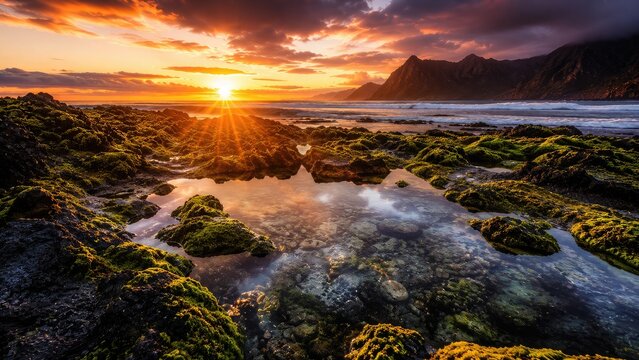 Dramatic golden sunset over a rugged coastline, vibrant hues reflecting in tranquil tide pools among mossy rocks