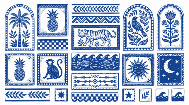 Blue and white tile designs featuring tropical motifs like pineapples palm trees flowers and animals with geometric patterns and sun moon and wave illustrations on a white background perfect