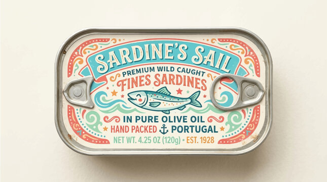 Sardine tin can label with premium wild caught fishes in olive oil on a beige background