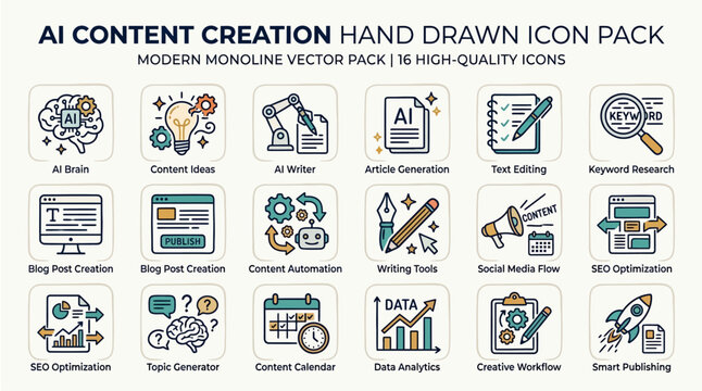 Artificial intelligence content creation icon set featuring hand drawn style monoline vector illustrations for digital marketing blogging seo strategy and automated writing workflow tools in modern