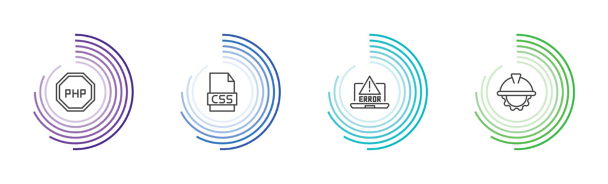 information technology icon set with programming language, css file format, program error, engineering signs in flat outline style