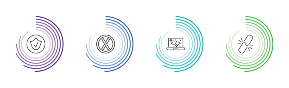 information technology icon set with authorize, error, clean code, broken link signs in flat outline style