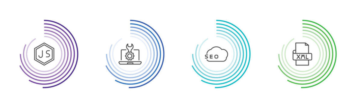 information technology icon set with js, seo tools, seo, xml signs in flat outline style