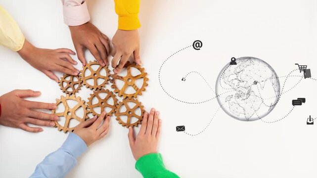A group of diverse hands collaboratively maneuver wooden gears, symbolizing teamwork and innovation, while a digital globe illustrates global connectivity and communication. Raster