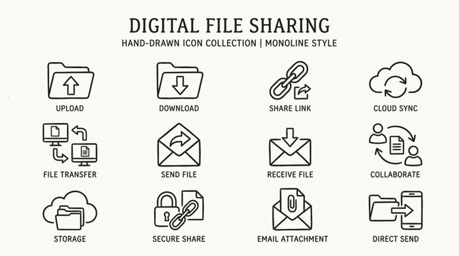 Digital file sharing hand drawn icons in minimalist style for online collaboration and cloud syncing
