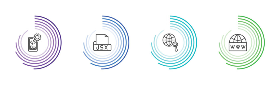 information technology icon set with mobile development, jsx, optimization, web domain signs in flat outline style
