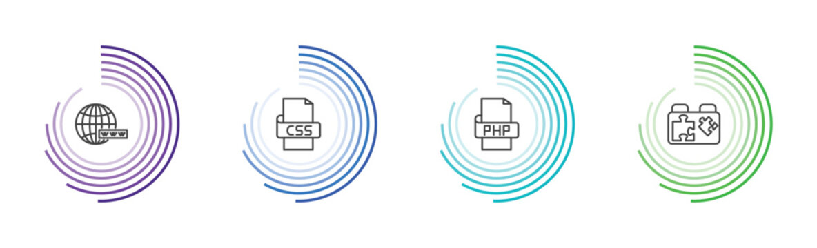 information technology icon set with www, css, php, plugin signs in flat outline style