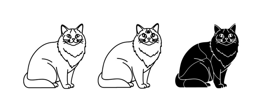 Cat Icons: Outline and Silhouette, Fluffy Feline Vector Art