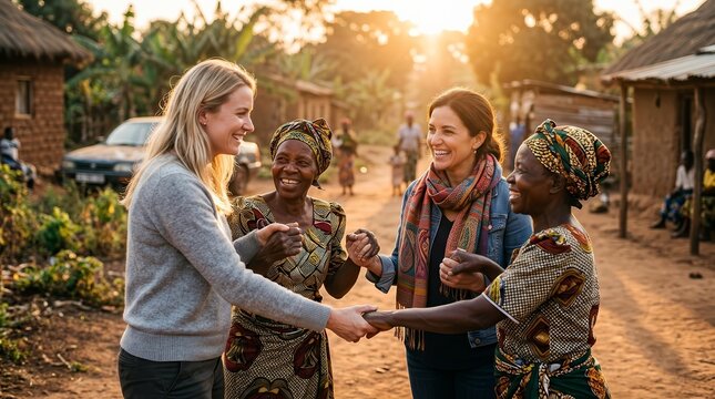 A diverse group on a Christian mission trip sharing moments of connection and service.