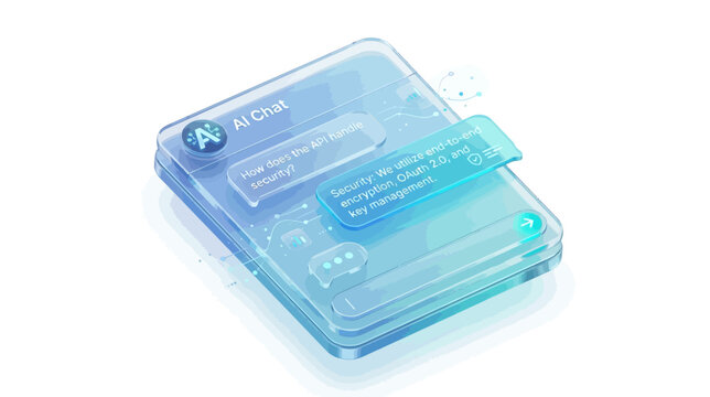 Isometric ai chat interface displaying digital conversation bubbles and data security concepts on a transparent glass mobile device screen with futuristic blue glowing ui elements against a clean