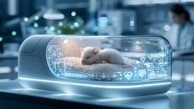 White lab mouse sleeping in a futuristic incubator with digital vital sign graphs on glass