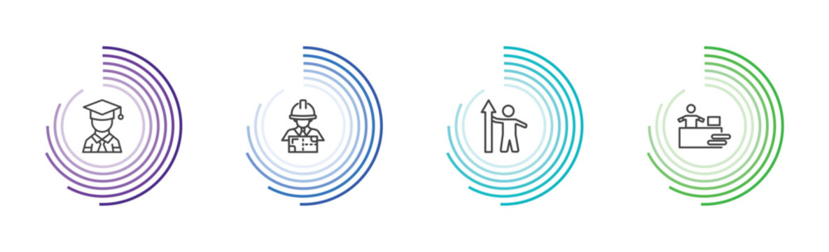 people icon set with graduated student, architech working, worker success, assembler signs in flat outline style