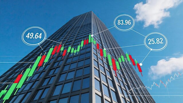Stock market trading, financial investment growth, economic chart analysis, skyscraper business center, candlestick graph trend, forex exchange rates, bull and bear market, wealth