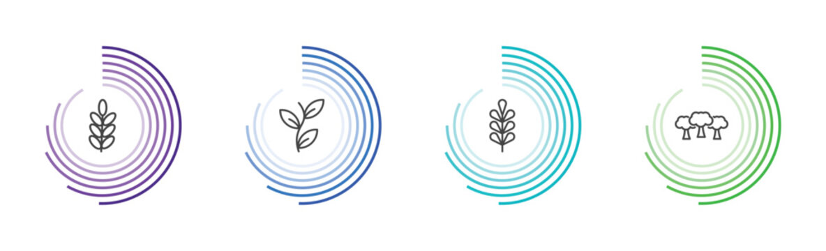 nature icon set with acacia, perfoliate, pecan leaf, woods signs in flat outline style