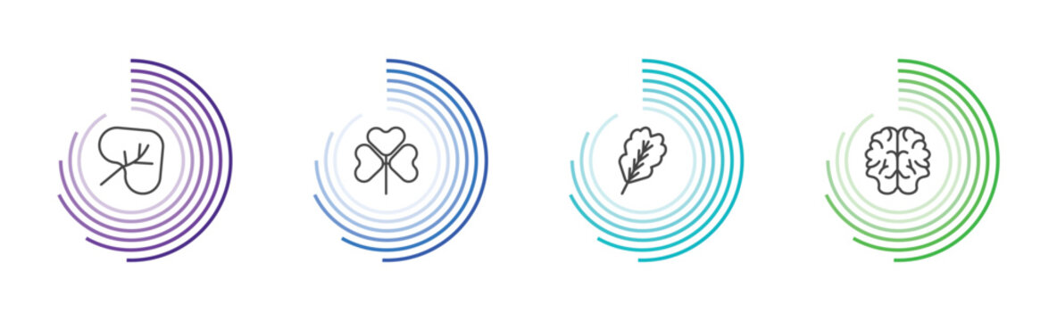 nature icon set with cordate, trifoliate ternate, oak leaf, human brian signs in flat outline style