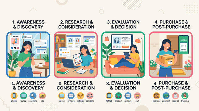 Customer journey map infographic illustrating four stages of consumer behavior including awareness research evaluation and purchase decision process for digital marketing strategy planning