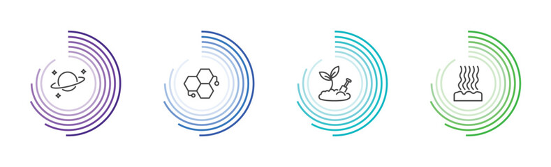 nature icon set with planet with satellite, chemical structure, farming, fasciculate signs in flat outline style © Abstract